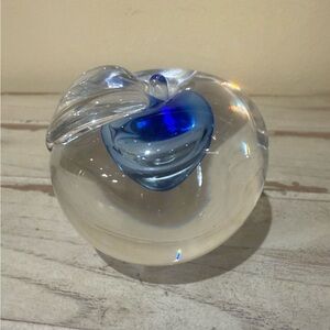 Glass Apple Shaped Paperweight with Cobalt Blue Accent Art Glass